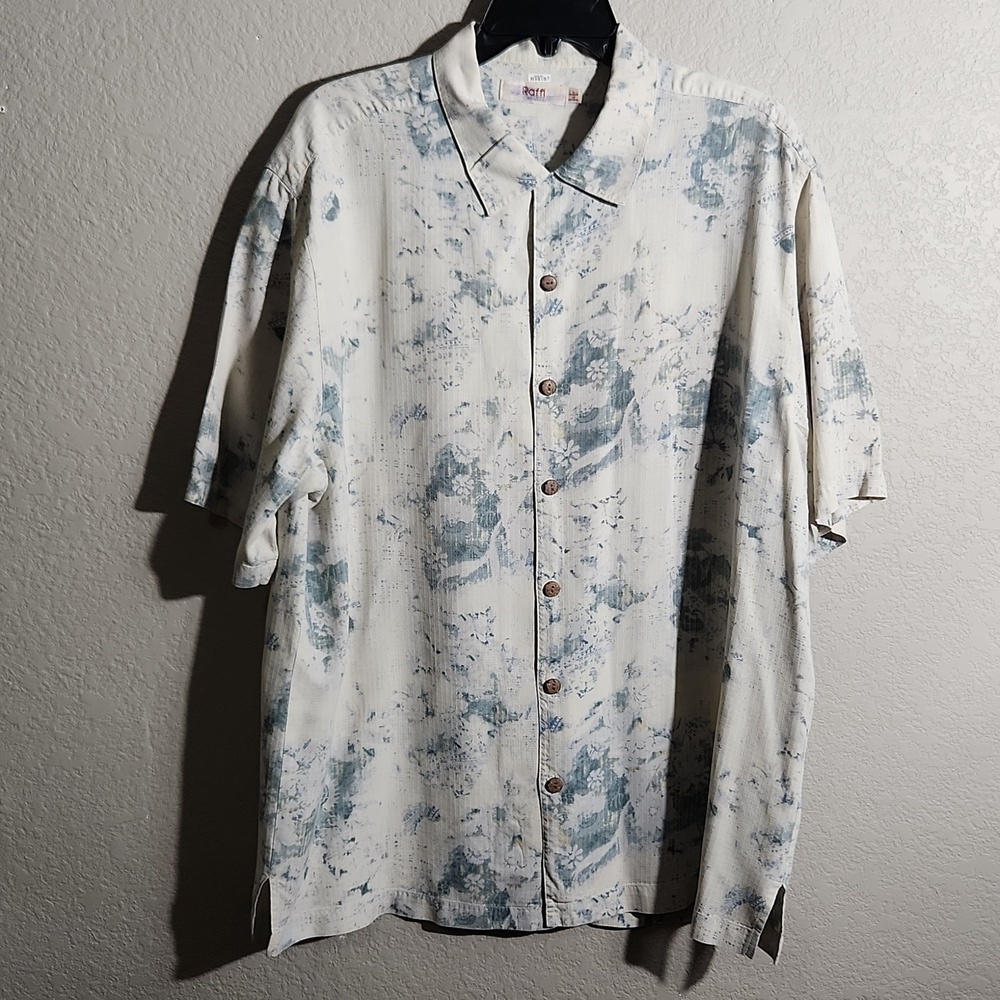 Raffi Shirt Mens Large Button Silk Short Sleeve Blue Off White Yellow